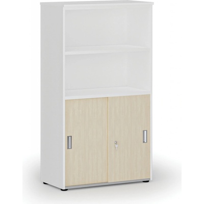 Primo Kombinovaná kancelárska skriňa WHITE, zasúvacie dvere na 2 poschodia, 1434 x 800 x 420 mm, biela/breza
