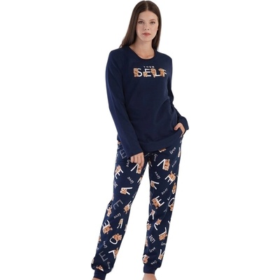 Дамска ватирана пижама в тъмносиньо с мечета и надпис