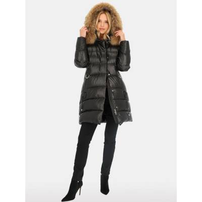Perso Woman's Women's long quilted jacket with natural raccoon fur black color hnedá