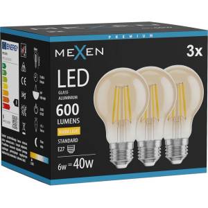 Mexen Vintis 3x LED филамент крушка E27, A60, 6W, Топла - 2700K, 600 lm, кехлибарен (L150-E27-0627-50x03)