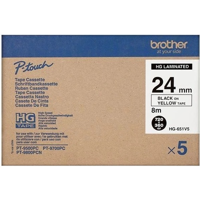 páska BROTHER HGe651 čierne písmo, žltá páska HQ Tape (24mm) (5 ks) (HGE651V5)