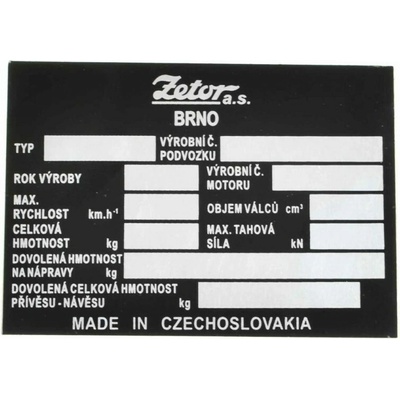 Výrobní štítek traktoru Zetor Czechoslovakia - český popis 975795, 975791