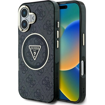 GUESS IML Metal Glitter 4G Circle Triangle MagSafe Case за iPhone 16 - черен