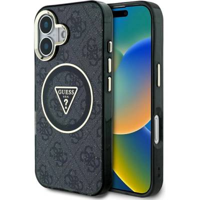 GUESS IML Metal Glitter 4G Circle Triangle MagSafe Case за iPhone 16 - черен