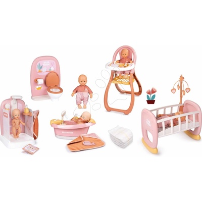Smoby Set v dupačkách s kúpelňou so záchodom Doll Baby Nurse a vanička s funkčnou sprchou a kolíska s plienkami a jedálenskou stoličkou