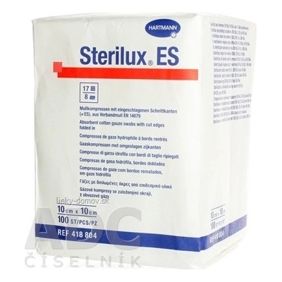 STERILUX ES kompres nesterilný so založenými okrajmi 17 vlákien 8 vrstiev 10 cm x 10 cm 100 ks