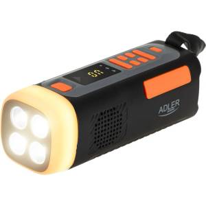 Adler Аварийно радио Adler AD 1920, Соларен панел/Ръчно динамо/USB-C, 4500 mAh, Bluetooth, LED дисплей, Черен/Оранжев Будилник