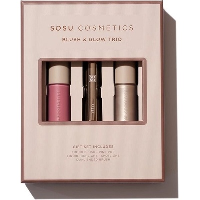 SOSU Cosmetics Blush & Glow SOSU Cosmetics Liquid Blush Pink Pop tekutá lícenka 9 ml + SOSU Cosmetics Liquid highlight Spotlight tekutý rozjasňovač 9 ml + SOSU Cosmetics Dual Ended Brush štetec na líc