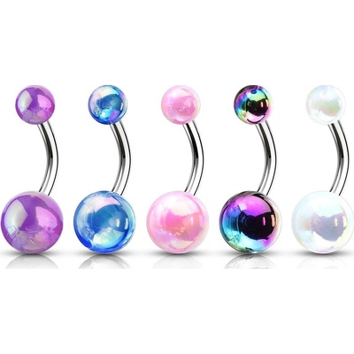 Šperky eshop piercing do břicha z oceli barevné kuličky s duhovými odlesky SP18.18 fialová