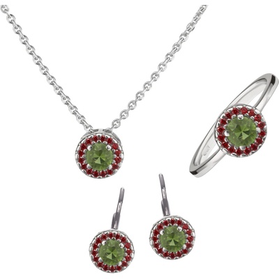 Granát Turnov Stříbrný set šperků 1444 s českým granátem a vltavínem, rhodiovaný - kruh 56 balónek