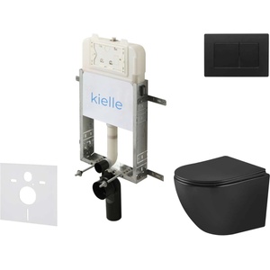 kielle Genesis New - Комплект структура за вграждане, тоалетна чиния Oudee Vortex, Rimless+, SoftClose седалка и бутон Gemini New III, черен мат 30528SZ93 (30528SZ93)