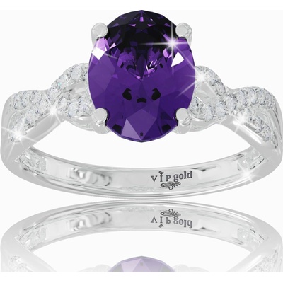 VIPgold Zlatý prsteň s ametystom a bielymi zafírmi v bielom zlate R34410b S