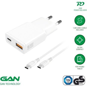 4smarts Захранване за ел. мрежа с USB-A и USB-C изходи с технология за бързо зареждане и USB-C към USB-C кабел (150 см) - 4smarts Slim Duos Mini PD Wall Charger 20W and USB-C Cable (бял) (541509)