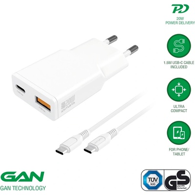 4smarts Захранване за ел. мрежа с USB-A и USB-C изходи с технология за бързо зареждане и USB-C към USB-C кабел (150 см) - 4smarts Slim Duos Mini PD Wall Charger 20W and USB-C Cable (бял) (541509)