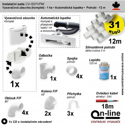 Instalační komplet rozvodů centrálního vysávání - zásuvka (1 ks), podlahová štěrbina (1 ks), potrubí (12 m), potrubní díly (31 dílů). Určeno pro centrální vysavače a centrální vysávání.