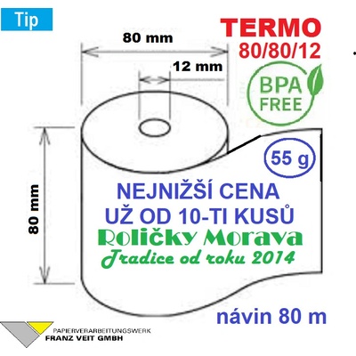 Termo kotouček 80/80/12 BPA 80m 55g (80mm x 80m) Cena od 45 ks včetně dopravy a dobírky Množství: 5 ks kotoučků ve fólii