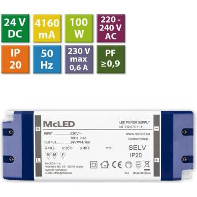 zdroj napájecí pro LED pásky 24V DC 100W (4,16A) IP20 ML-732.074.11.1 plast. se svorkovnicí