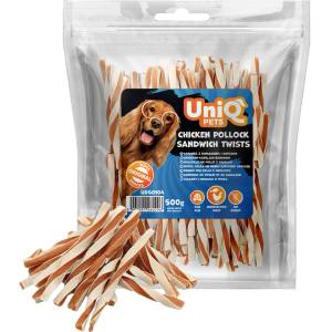 Uniq Pets Meaty Chicken Pollock Sandwich Twists дъвчащи лакомства за кучета с пилешко и сайда, 500 г