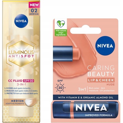 Nivea Luminous CC krém proti pigmentovým skvrnám střední odstín 40 ml + balzám na rty nude 4,8 g