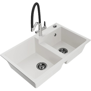 Mexen Tomas гранитна мивка с 2 камери с кухненски смесител Duo, бял - 6516-20-671701-07-B (6516-20-671701-07-B)