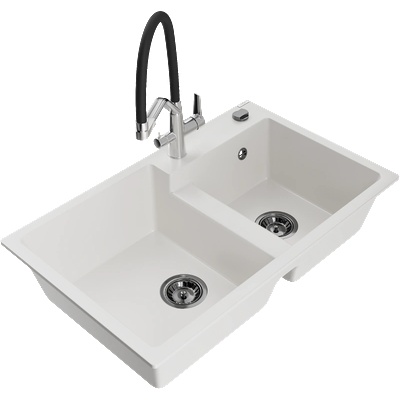 Mexen Tomas гранитна мивка с 2 камери с кухненски смесител Duo, бял - 6516-20-671701-07-B (6516-20-671701-07-B)