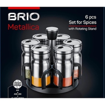 BRIO Metallica - Сет 6бр Буркани за подправки с иноксов калъф 150мл на въртяща стойка (107406)