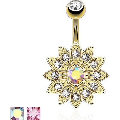 Šperky eshop piercing do pupíku ocel zlatá třpytivý zirkonový květ S53.23 růžová