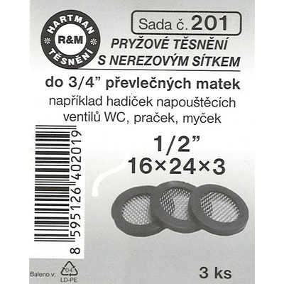 HARTMAN těsnění pryžové s nerezovým sítkem do 3/4" převlečných matek, sada č. 201