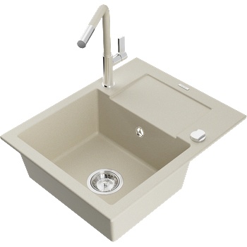 Mexen Enzo кухненска мивка от гранит с 1 камера и отцедник и кухненски смесител Flora, бежов - 6506-69-670401-09 (6506-69-670401-09)
