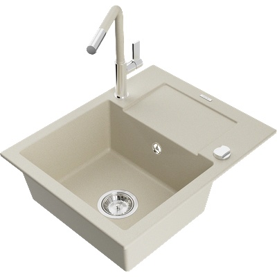 Mexen Enzo кухненска мивка от гранит с 1 камера и отцедник и кухненски смесител Flora, бежов - 6506-69-670401-09 (6506-69-670401-09)