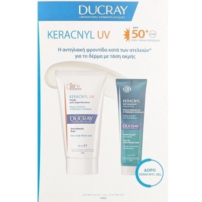 Ducray Промо слънцезащитен крем против несъвършенства и акне + измиващ гел, Ducray Keracnyl UV Fluid Liquid Sunscreen for Acne-Prone Skin SPF50+ 50 ml + Gift Keracnyl Cleansing Gel 100 ml