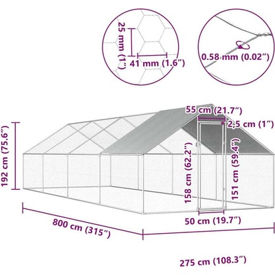 vidaXL klec 2,75 x 8 x 1,92 m pozinkovaná ocel – Zboží Mobilmania