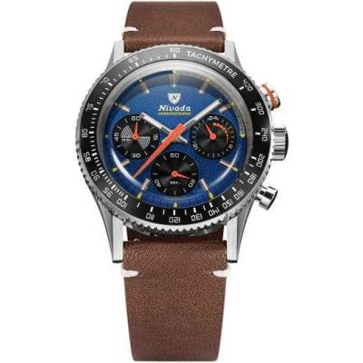 Nivada Grenchen Chronoking Meca Racing Blue - Inter. Bezel - Brown Leather White Stitching