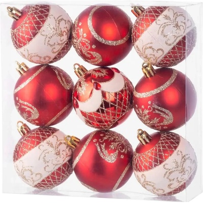 MagicHome Gule 9 ks červené s ornamentom na vianočný stromček 6 cm