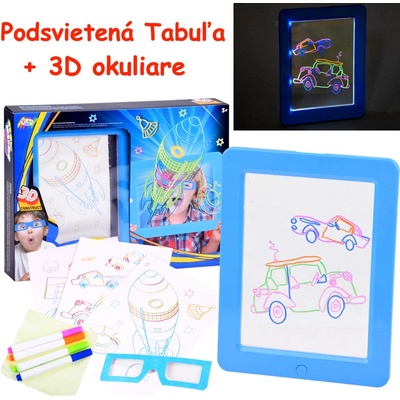 Podsvietená tabula s 3D okuliarmi a neónovými fixkami