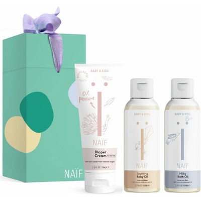 Naif Baby & Kids krém proti opruzeninám pro dětskou pokožku 75 ml + mléčný koupelový olej pro děti od narození 100 ml + zklidňující olej pro děti 100 ml dárková sada