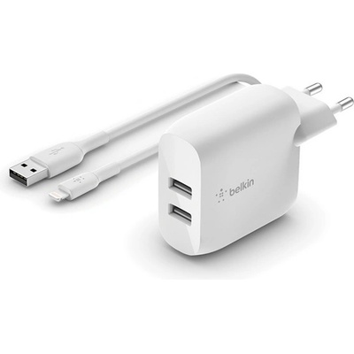 Belkin BOOSTCHARGE мрежово зарядно устройство с 2 USB порта, 24 W, бързо зарядно + Lightning кабел, БЯЛО WCD001VF1MWH (WCD001VF1MWH)