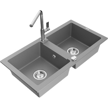 Mexen Mario гранитна мивка с 2 отделения и кухненски смесител Flora, сив - 6504-71-670401-00 (6504-71-670401-00)
