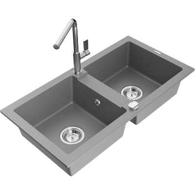 Mexen Mario гранитна мивка с 2 отделения и кухненски смесител Flora, сив - 6504-71-670401-00 (6504-71-670401-00)