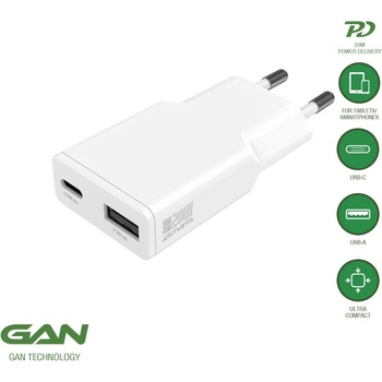 4smarts Захранване за ел. мрежа с USB-A и USB-C изходи и технология за бързо зареждане - 4smarts GaN Duos Slim Wall Charger 20W PD (бял) (541122)