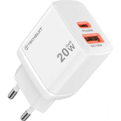 Techsuit - Зарядно за стена Duonix20W (CH2) - Type-C, USB, Двойно зарядно за пътуване 20W - Бяло