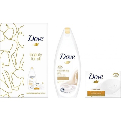 Dove Beauty For All Nourishing Silk sprchový gél 250 ml + Cream Oil Moroccan Argan Oil toaletné mydlo 100 g darčeková sada