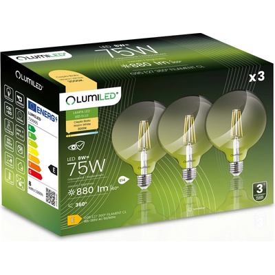 Lumiled Sada 3x LED žiarovka E27 G95 8W = 75W 880lm 3000K Teplá biela 360°