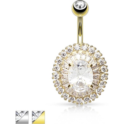 Šperky eshop piercing do bříška z chirurgické oceli velký třpytivý ovál z čirých zirkonů S52.09 stříbrná
