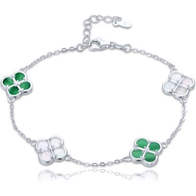 MINET Stříbrný náramek čtyřlístky s bílou perletí a malachitem JMAS7058ZB20