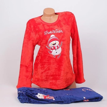 Image 1 of Мека дамска коледна пижама в червено и тъмносиньо със снежен човек