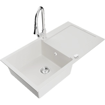 Mexen Leo гранитна мивка с 1 корито с отцедник и кухненски смесител Elia, бял - 6501-20-670101-00 (6501-20-670101-00)