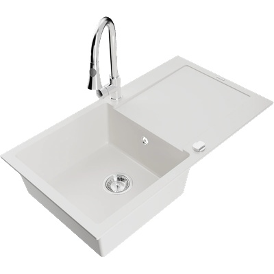 Mexen Leo гранитна мивка с 1 корито с отцедник и кухненски смесител Elia, бял - 6501-20-670101-00 (6501-20-670101-00)