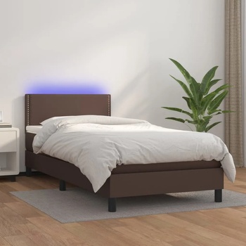 vidaXL Боксспринг легло с матрак LED кафяво 100x200 см изкуствена кожа (3134150)