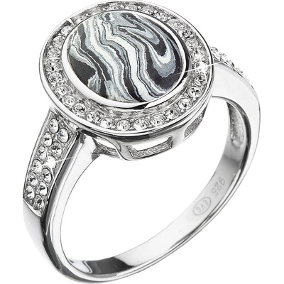 Evolution Group Stříbrný prsten ovál černobílý mramor se Swarovski krystaly 75018.1